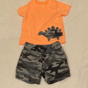 Orange tshirt and camo shorts 3-6m